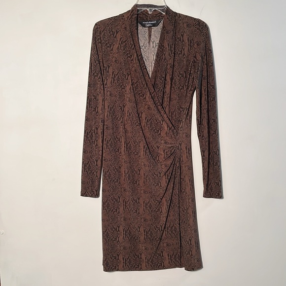 NORMA KAMALI Cocoa Brown/ Black Python Faux Wrap Career Party Dress SZ M - Picture 2 of 16
